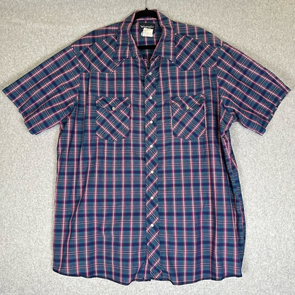 Wrangler Western Mens 2XT Pearl Snap Front Shirt Blue Red Plaid Short Sleeve